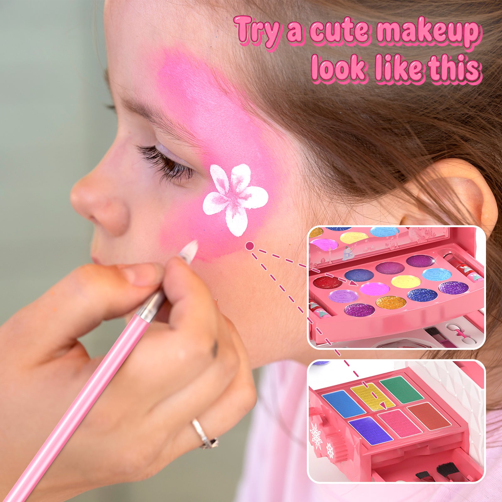 Frozen theme kids makeup set with 57 pieces including lipstick, eyeshadow, and brush
