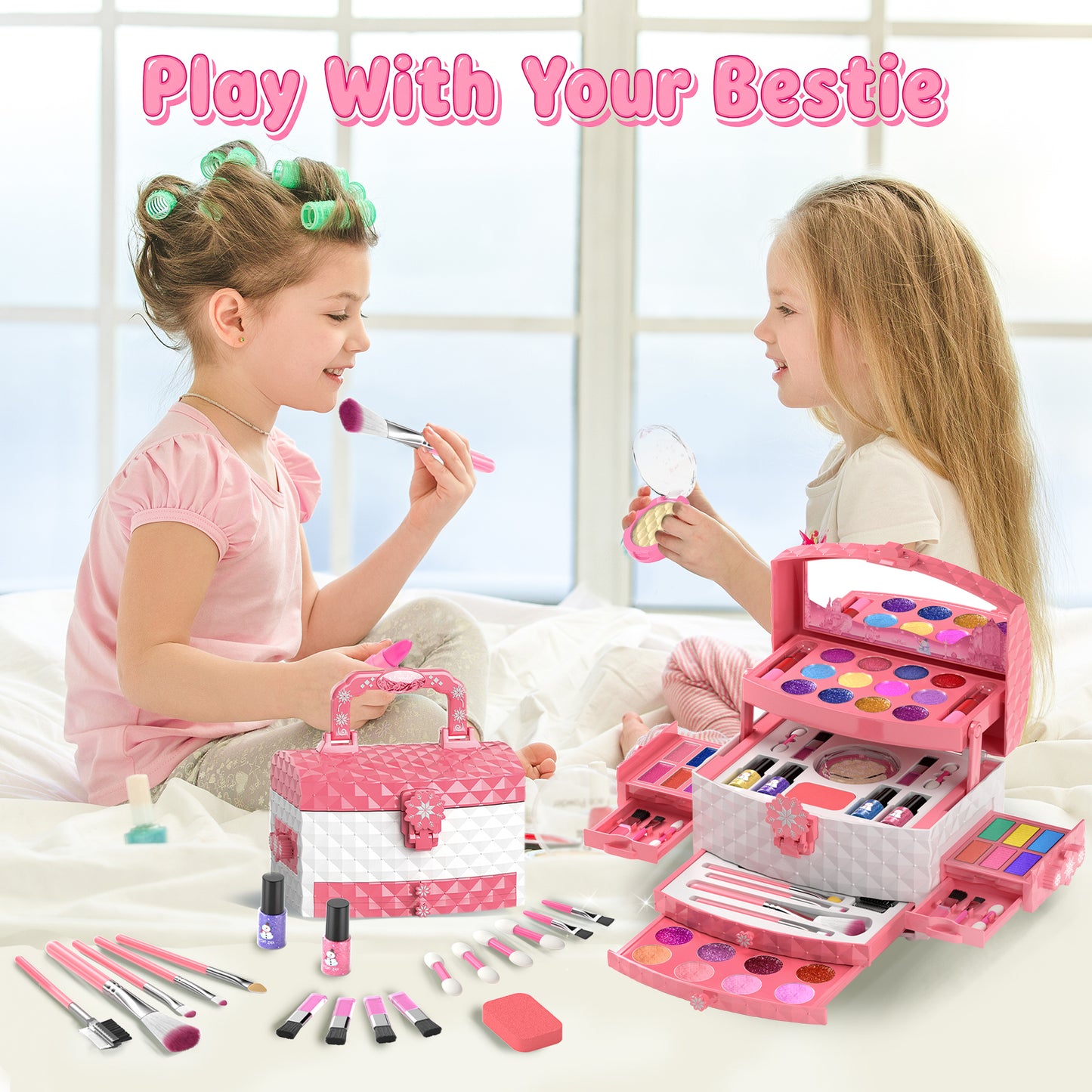 Frozen theme kids makeup set with 57 pieces including lipstick, eyeshadow, and brush