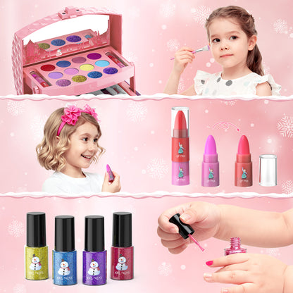 Frozen theme kids makeup set with 57 pieces including lipstick, eyeshadow, and brush