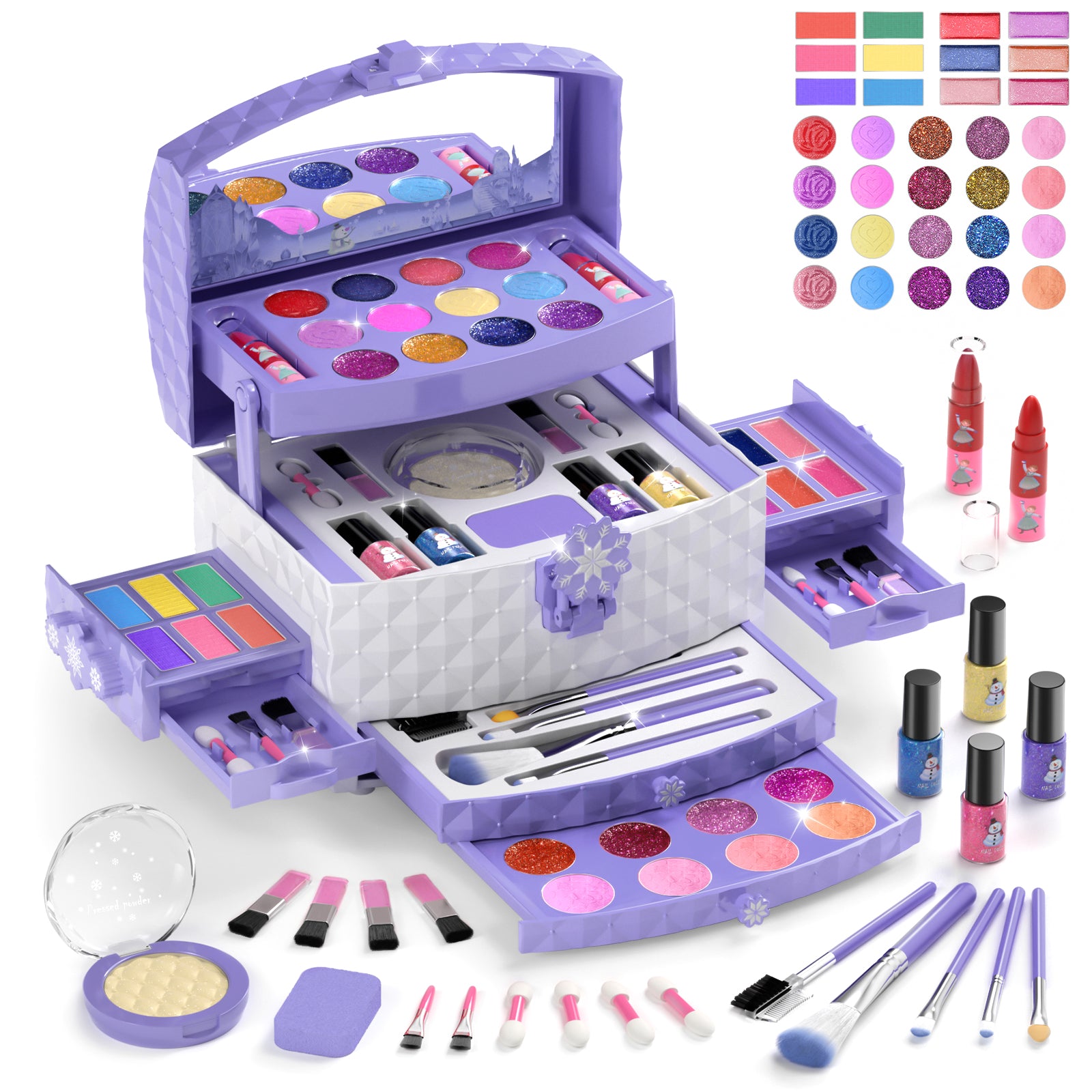 Frozen theme kids makeup set with 57 pieces including lipstick, eyeshadow, and brush