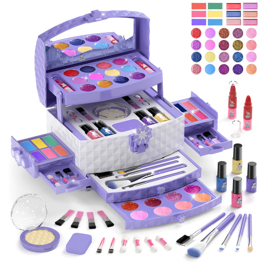 Frozen theme kids makeup set with 57 pieces including lipstick, eyeshadow, and brush
