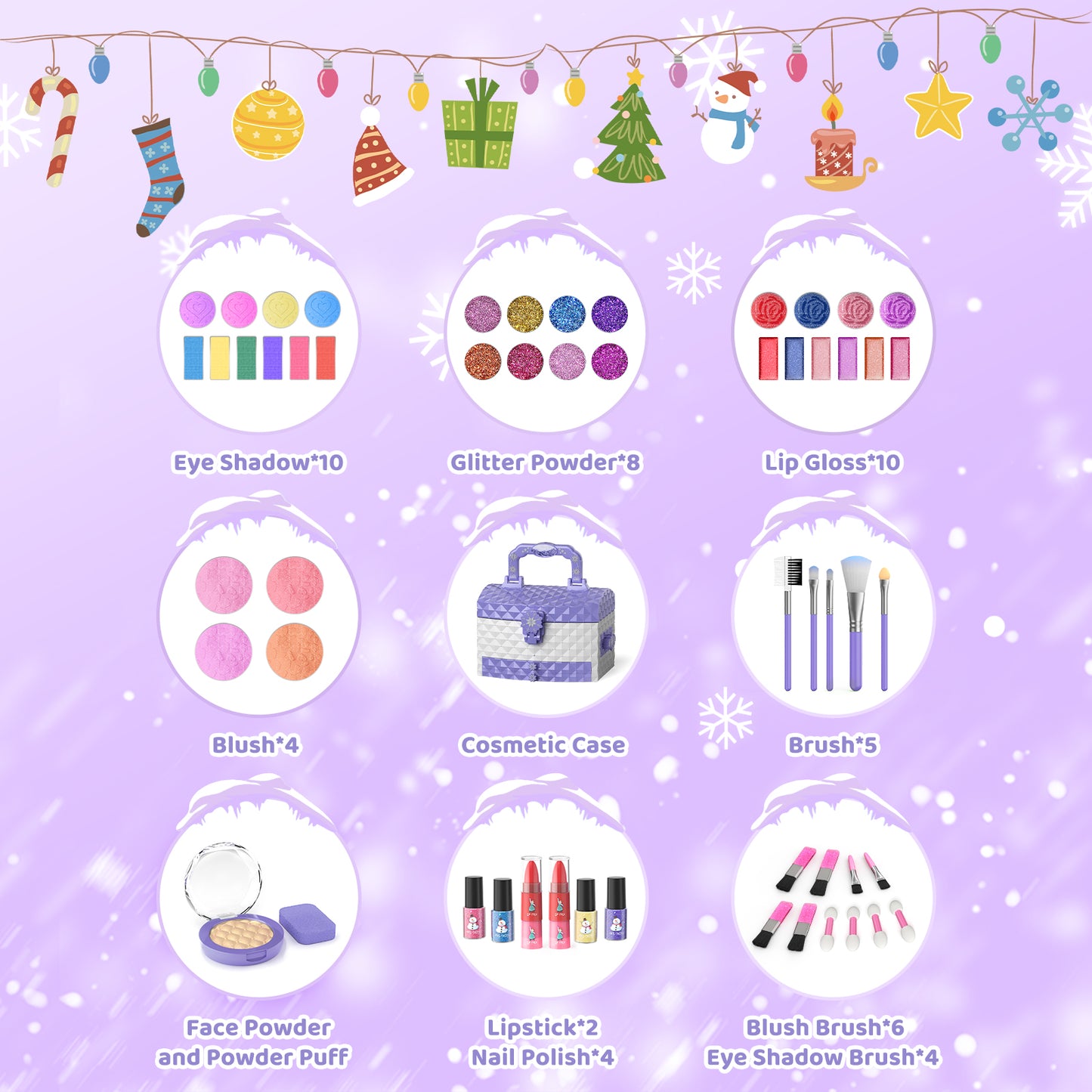 Frozen theme kids makeup set with 57 pieces including lipstick, eyeshadow, and brush