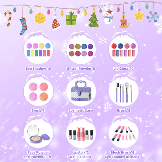 Frozen theme kids makeup set with 57 pieces including lipstick, eyeshadow, and brush