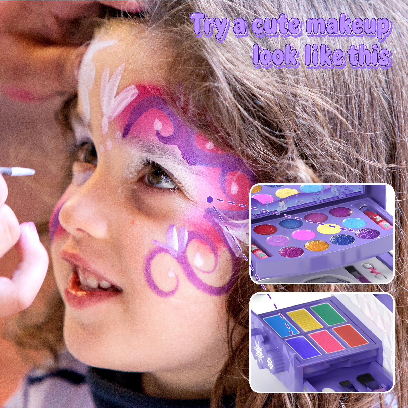 Frozen theme kids makeup set with 57 pieces including lipstick, eyeshadow, and brush