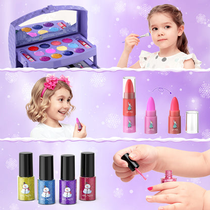 Frozen theme kids makeup set with 57 pieces including lipstick, eyeshadow, and brush