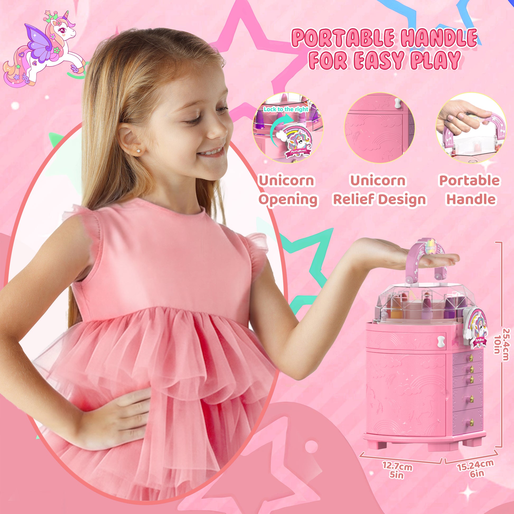 Unicorn and star style cosmetic box toy for girls with pretend play makeup set