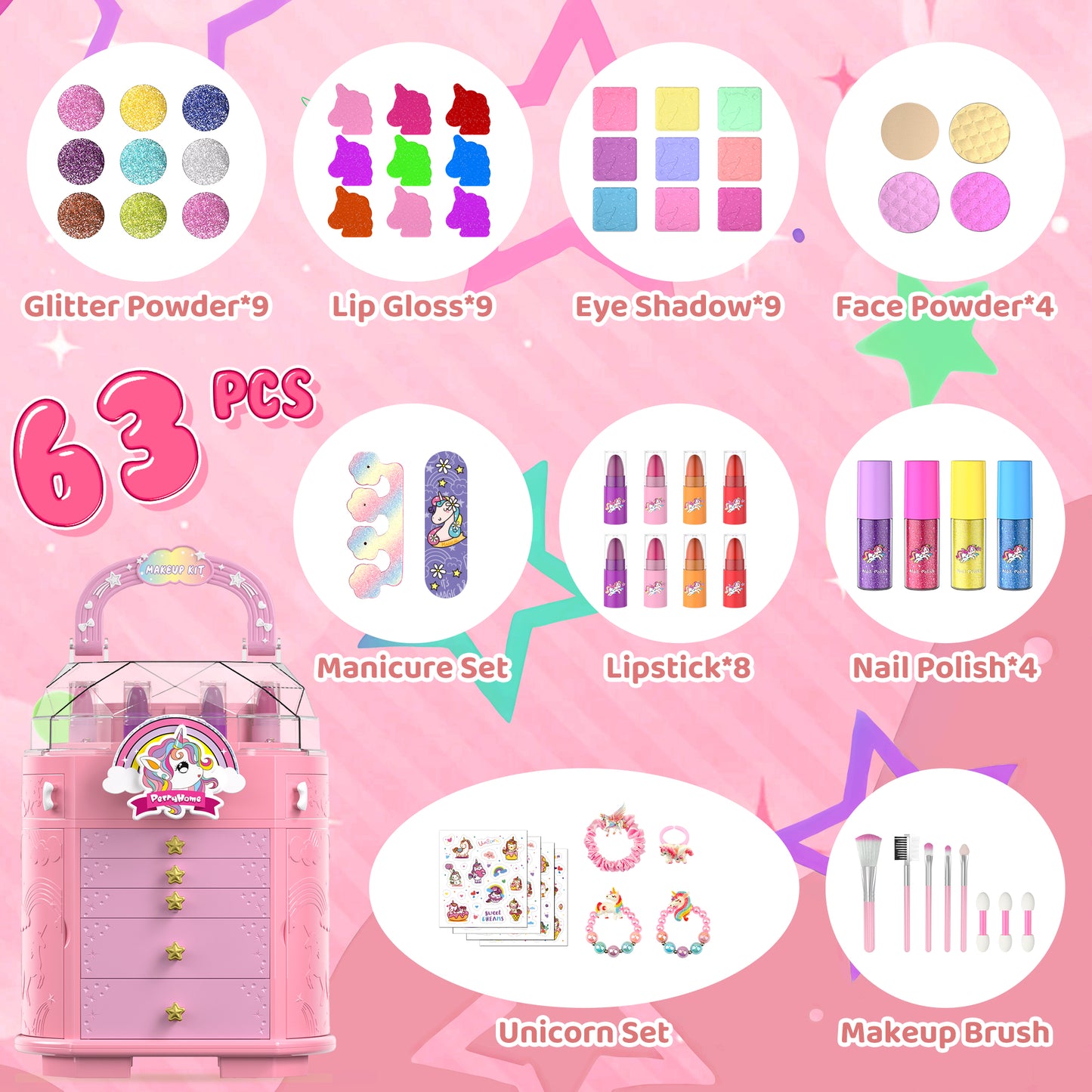 Unicorn and star style cosmetic box toy for girls with pretend play makeup set