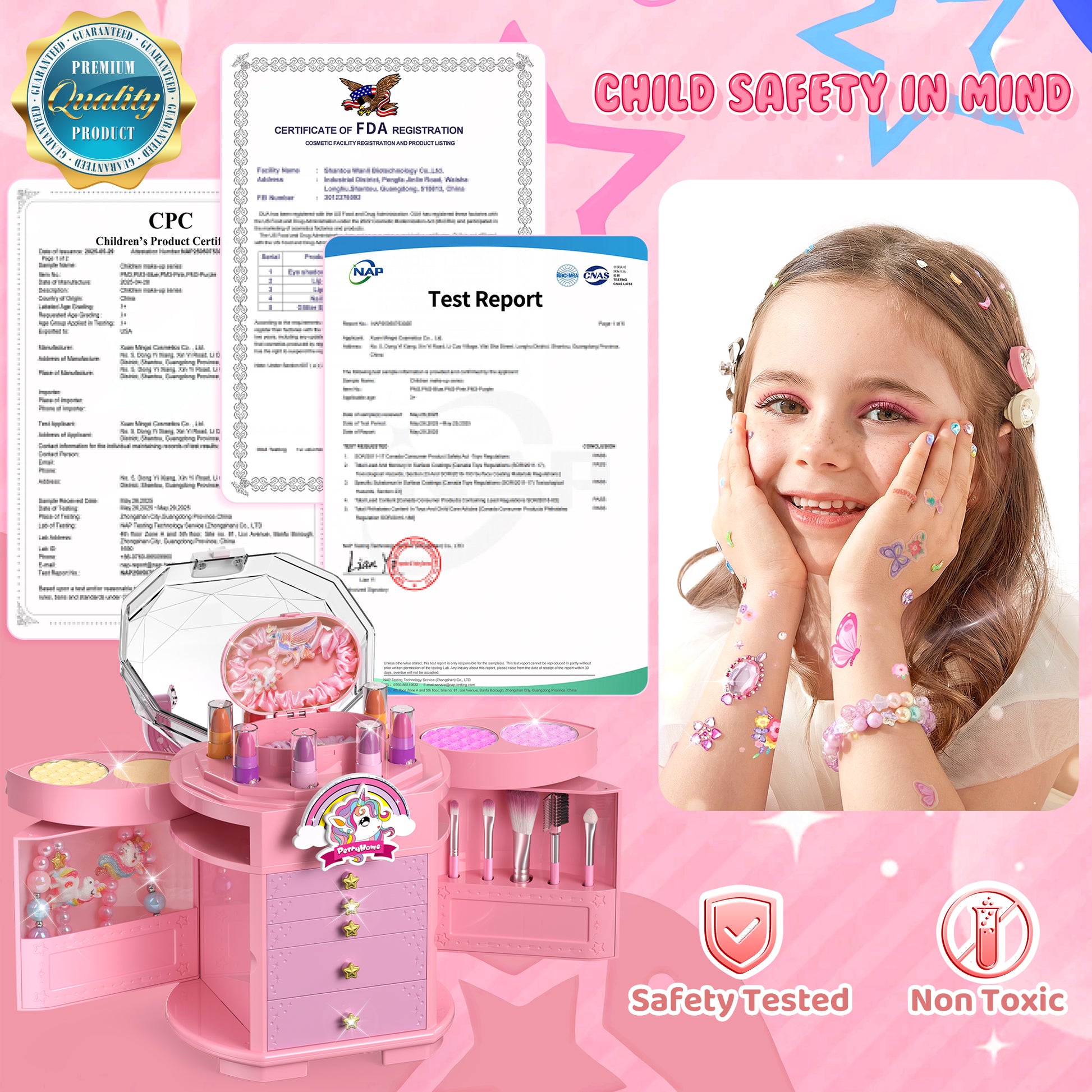 Unicorn and star style cosmetic box toy for girls with pretend play makeup set
