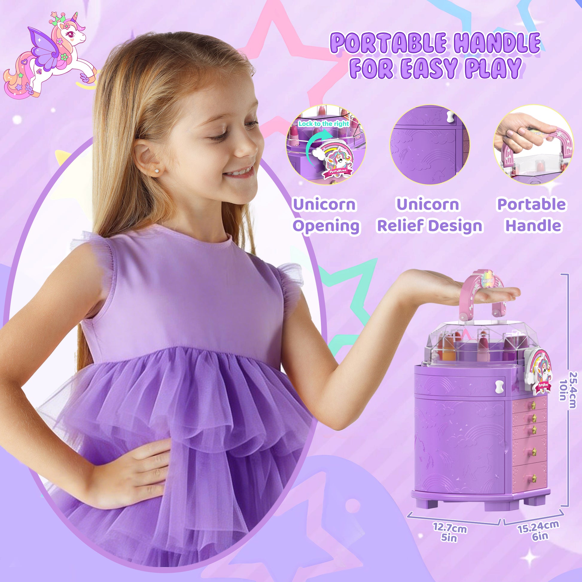 Unicorn and star style cosmetic box toy for girls with pretend play makeup set