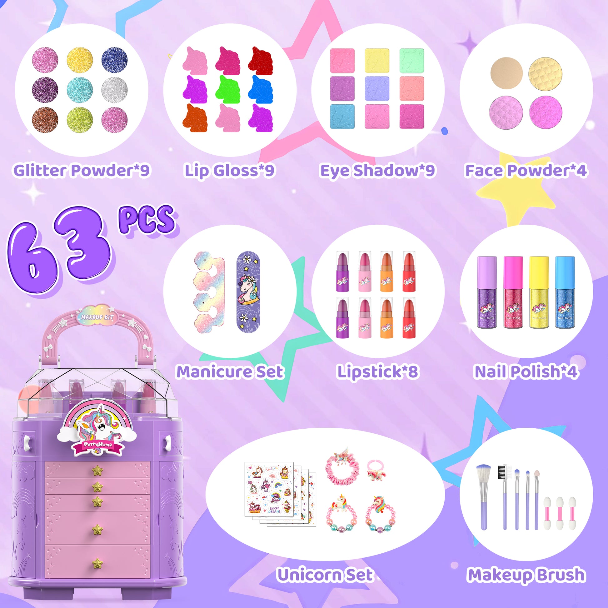 Unicorn and star style cosmetic box toy for girls with pretend play makeup set