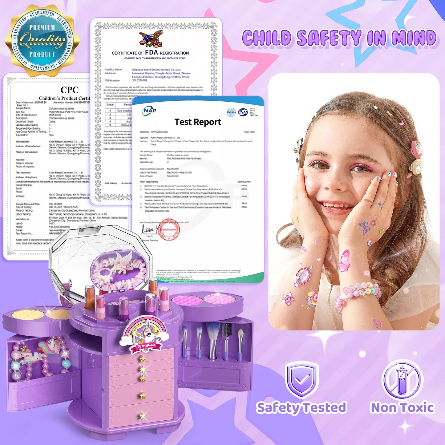 Unicorn and star style cosmetic box toy for girls with pretend play makeup set
