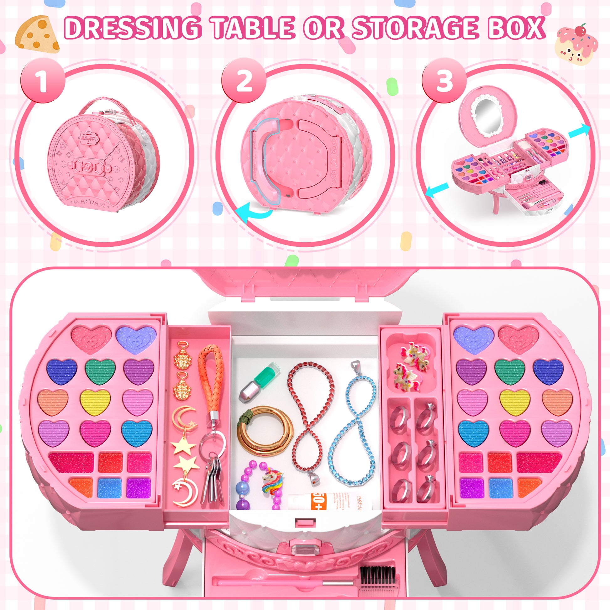 Princess themed toy makeup kit for children with blush, nail polish, and mirror