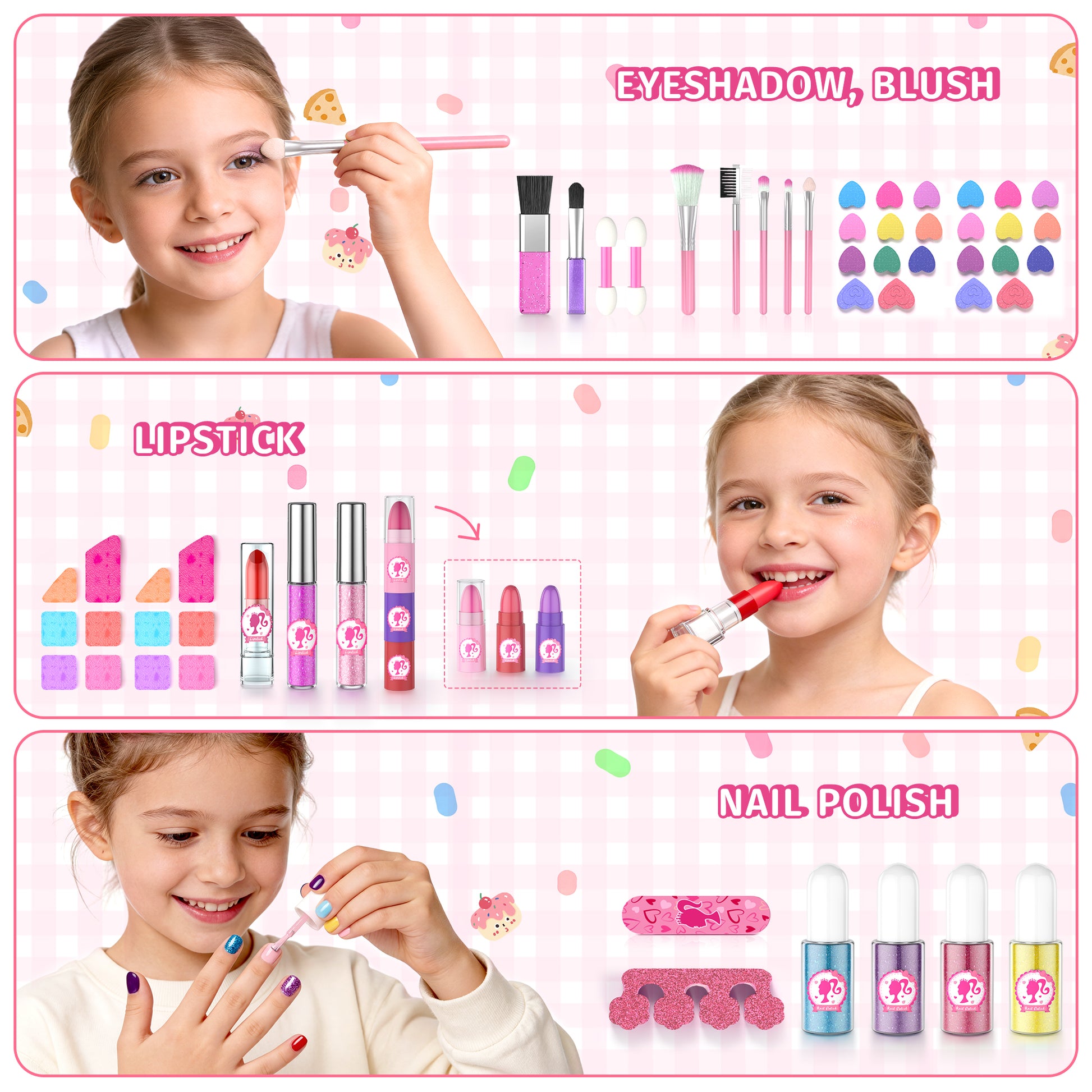Princess themed toy makeup kit for children with blush, nail polish, and mirror