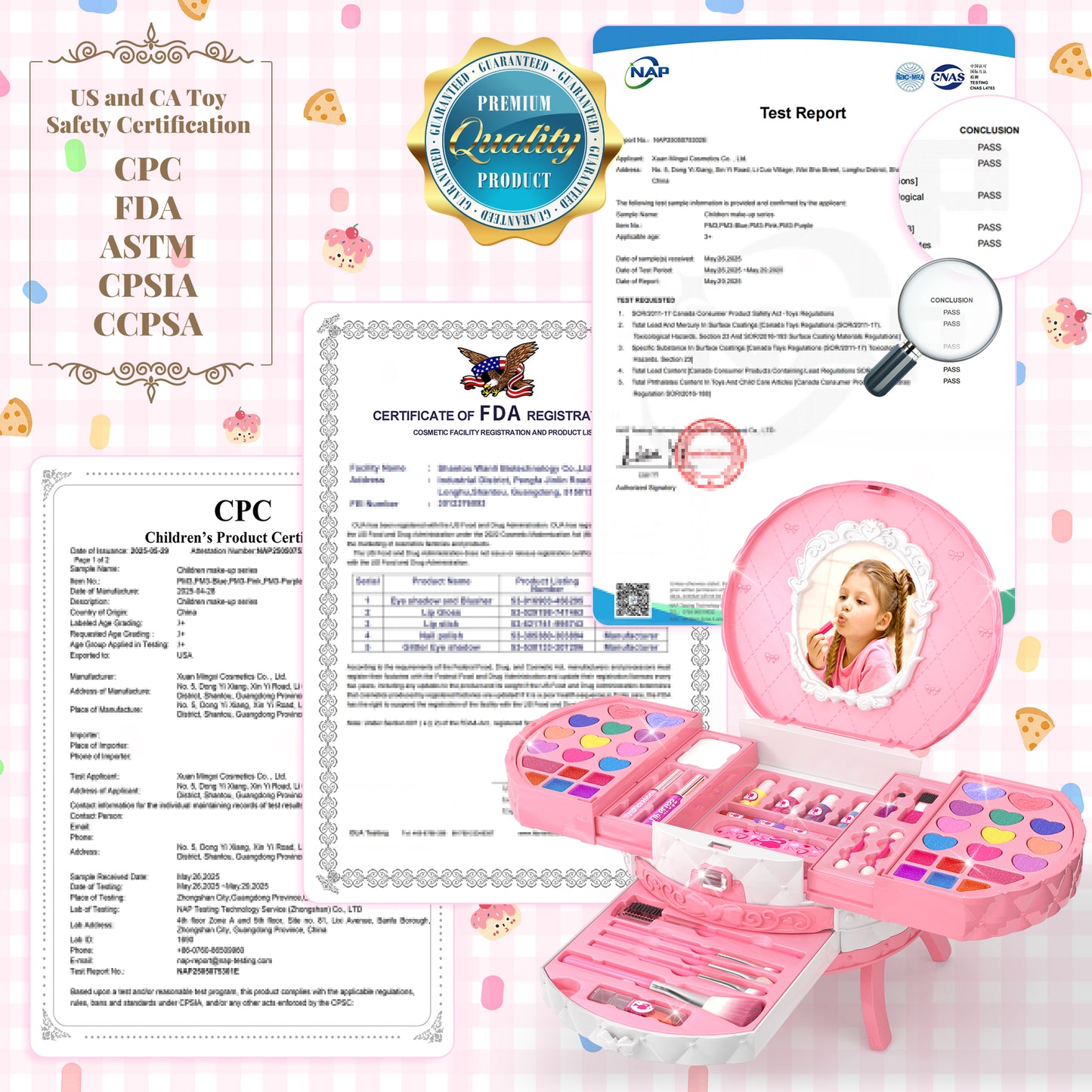 Princess themed toy makeup kit for children with blush, nail polish, and mirror