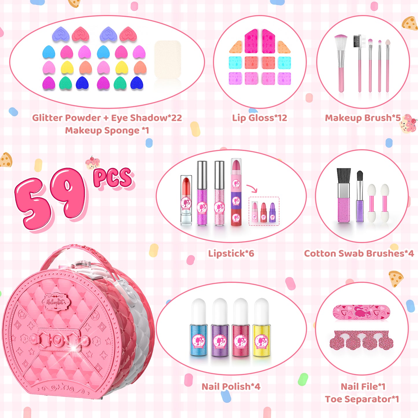 Princess themed toy makeup kit for children with blush, nail polish, and mirror