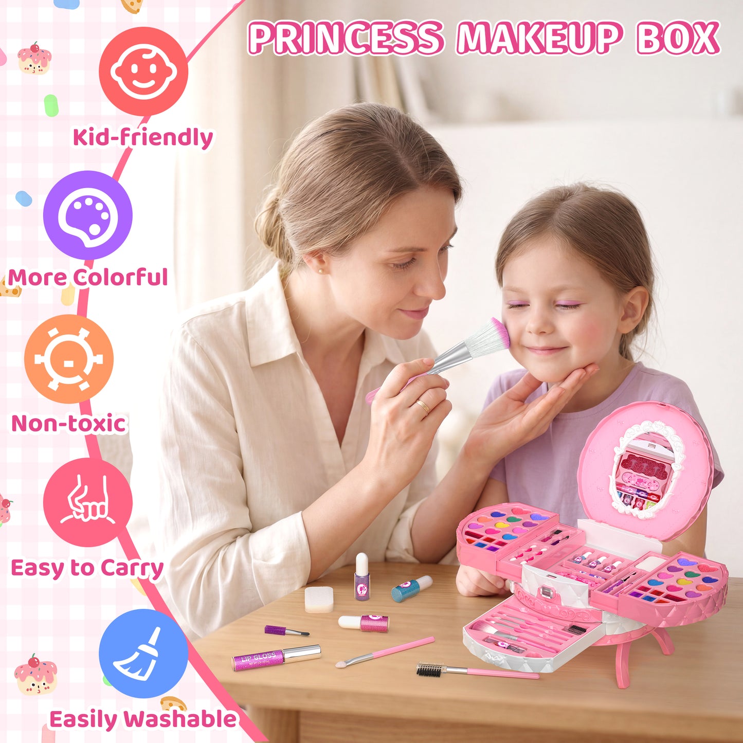 Princess themed toy makeup kit for children with blush, nail polish, and mirror