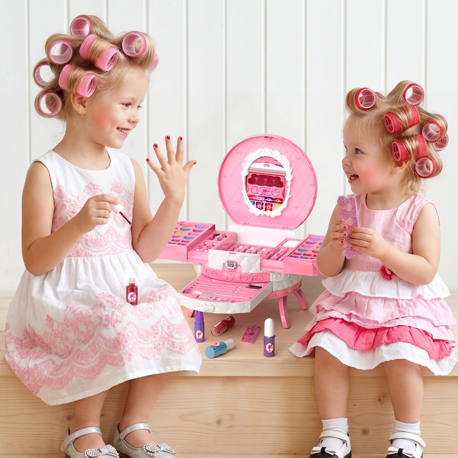 Princess themed toy makeup kit for children with blush, nail polish, and mirror