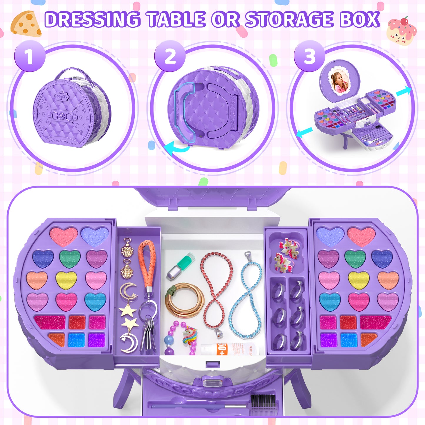 Princess themed toy makeup kit for children with blush, nail polish, and mirror