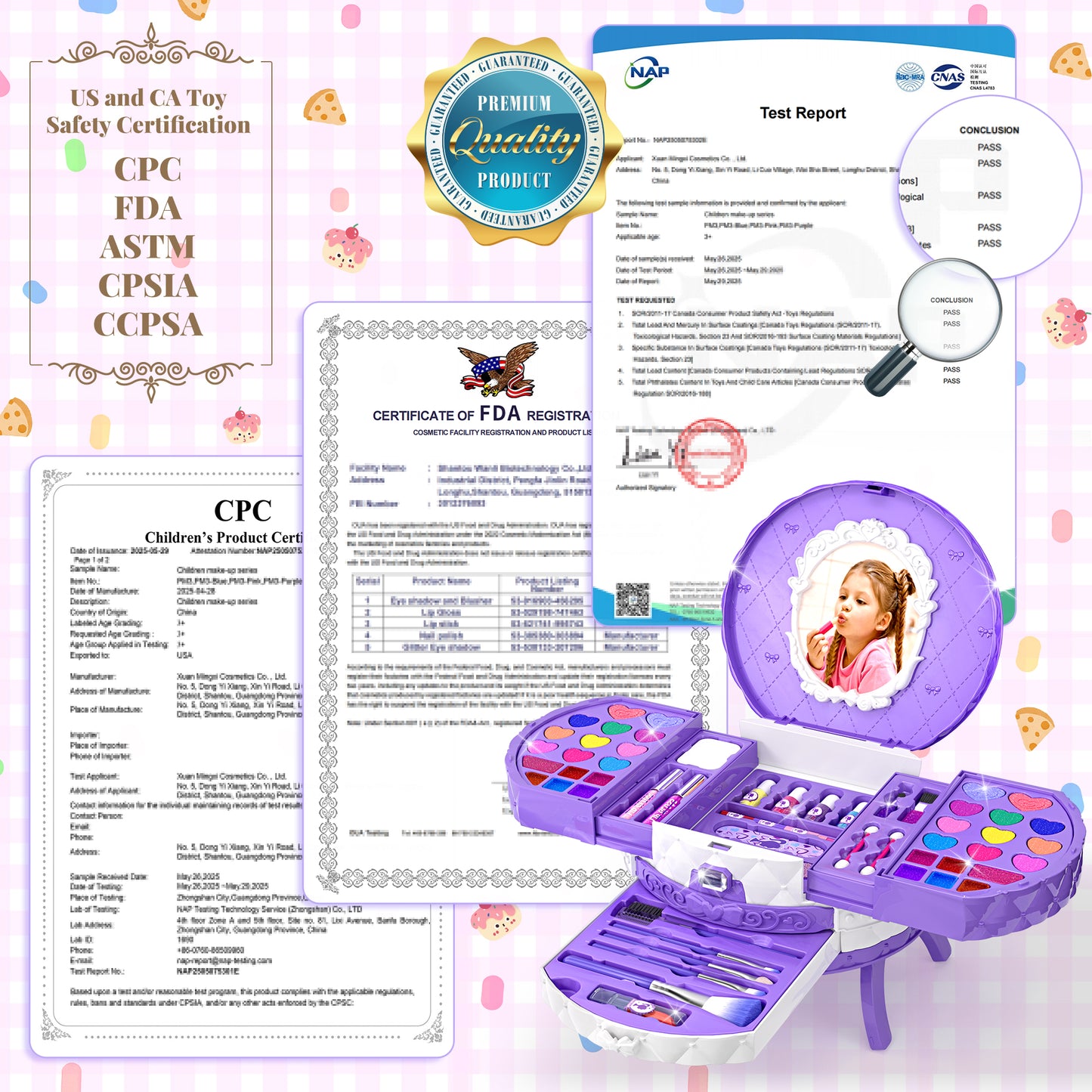 Princess themed toy makeup kit for children with blush, nail polish, and mirror